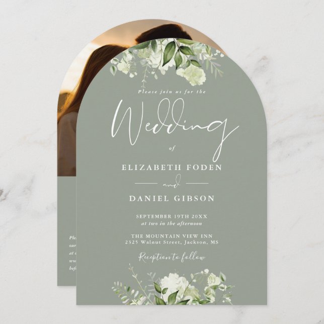 Invitation Sage Green Floral QR Code Photo Arc Mariage (Devant / Derrière)