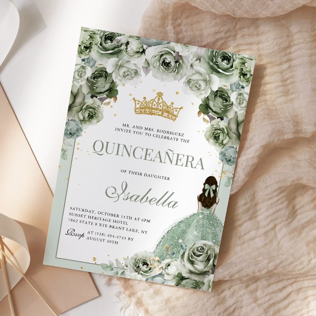 Invitation Sage Green Floral Quinceanera Mis Quince Anos (Créateur téléchargé)