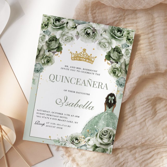 Invitation Sage Green Floral Quinceanera Mis Quince Anos (Créateur téléchargé)