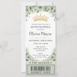 Invitation Sage Green Floral Rose Gold Quinceañera VIP Ticket