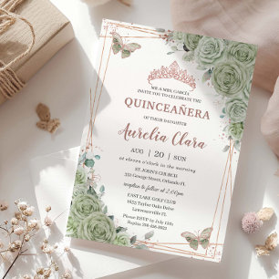 Invitation Sage Green Floral Rose Or Quinceañera Anniversaire