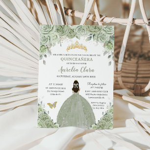Invitation Sage Green Floral Rose Princesse Gold Quinceañera