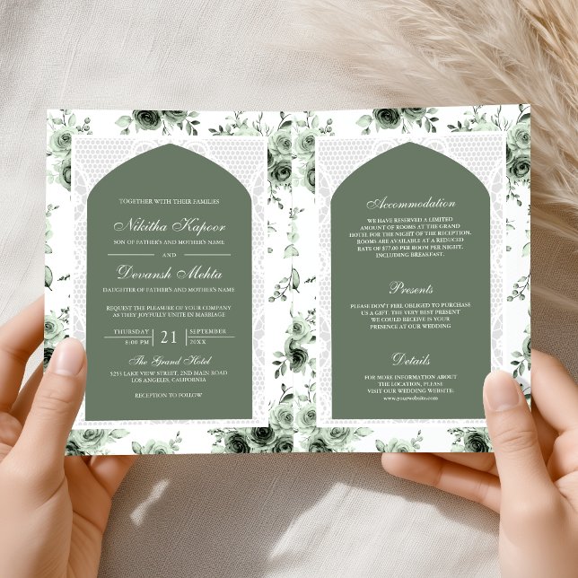 Invitation Sage Green Floral tout en une dentelle Mariage ind (Créateur téléchargé)