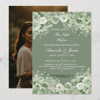 Invitation Sage Green Floral Wreath Photo Rehearsal Dinner 