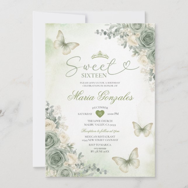 Invitation Sage Green Flowers Butterfly Girl Sweet Sixteen (Devant)