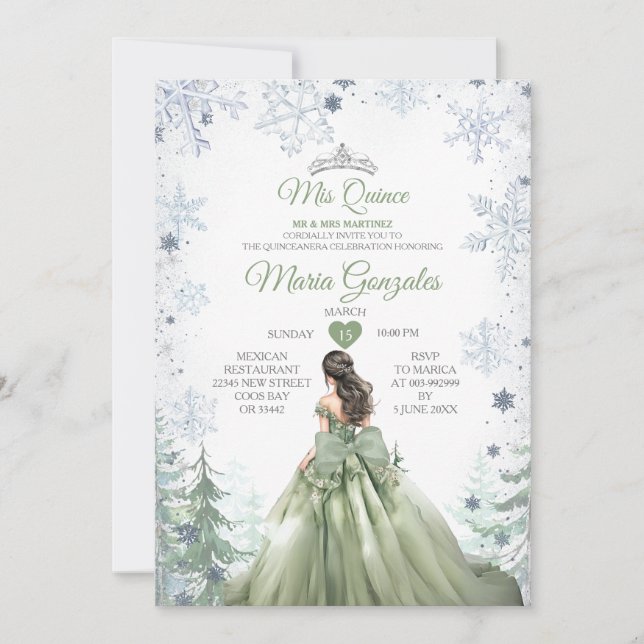 Invitation Sage Green Forest Winter Princesse Mis Quince (Devant)