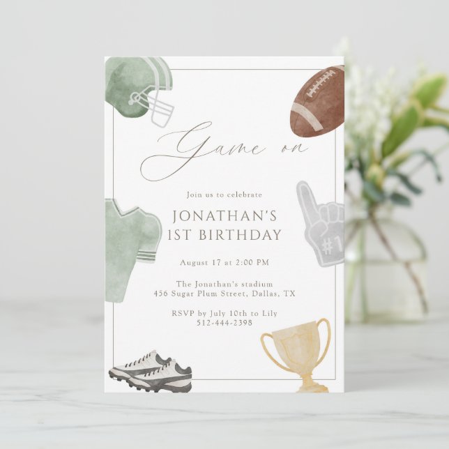 Invitation Sage Green Game On Football Birthday (Debout devant)