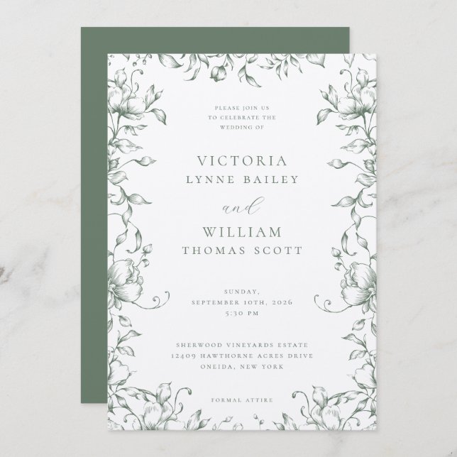 Invitation Sage Green Garden Floral Mariage (Devant / Derrière)