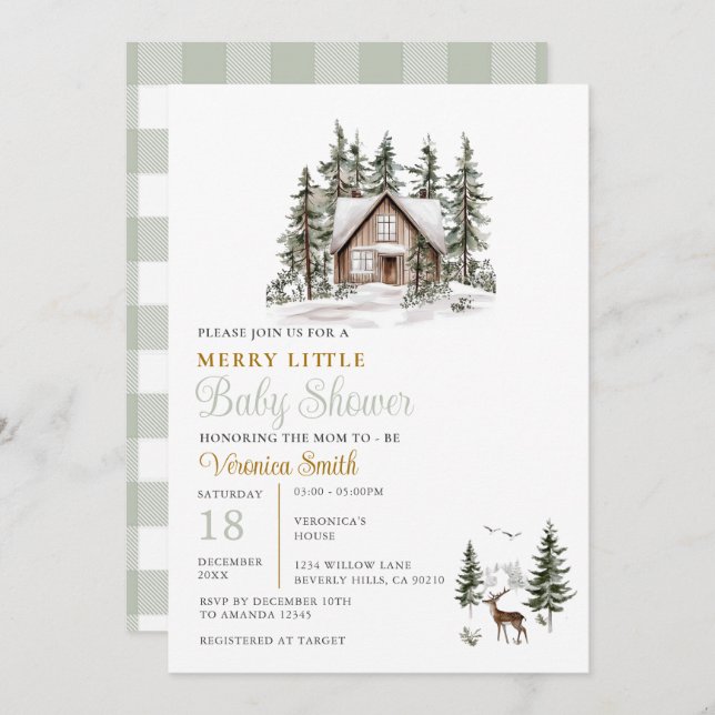 Invitation Sage Green Gingham A Merry Little Baby Shower  (Devant / Derrière)