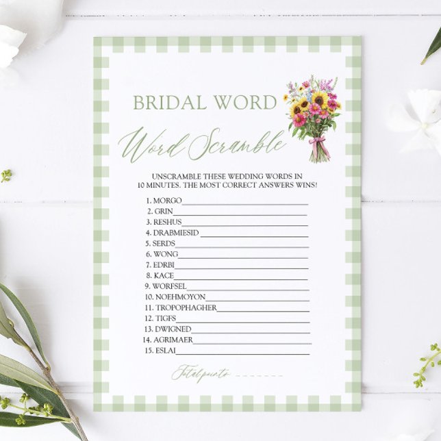 Invitation Sage Green Gingham Bridal Word Scramble Game (Sage Green Gingham Bridal Word Scramble Game)