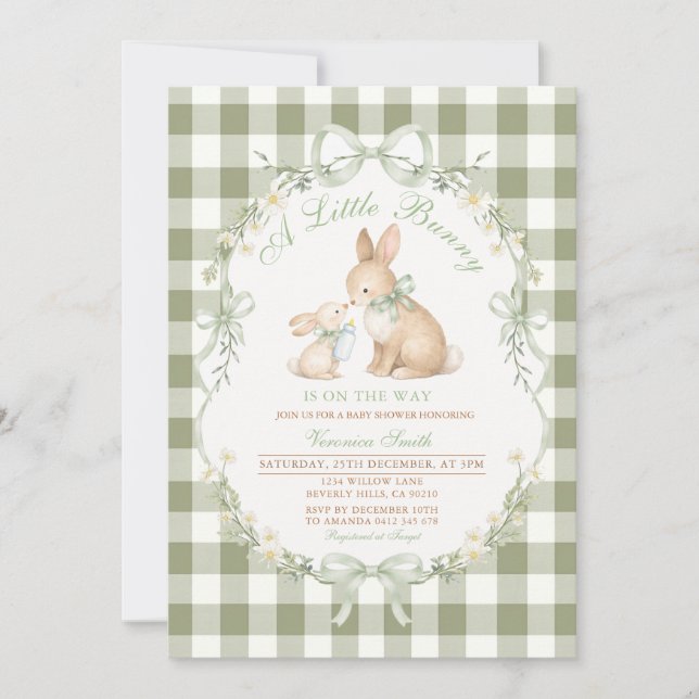 Invitation Sage Green Gingham Bunny Neutral Baby Shower  (Devant)
