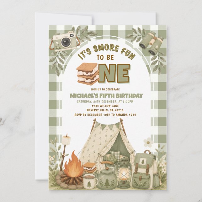 Invitation Sage Green Gingham Camp Party 1er Anniversaire (Devant)
