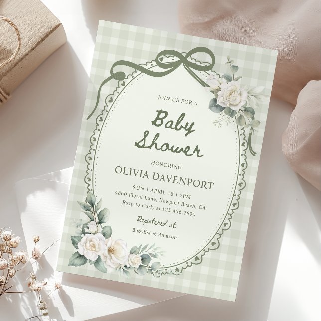Invitation Sage Green Gingham Floral Garden Baby Shower (Créateur téléchargé)