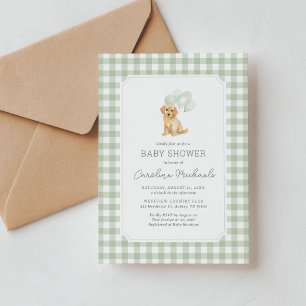 Invitation Sage Green Gingham Golden Retriever Baby Shower