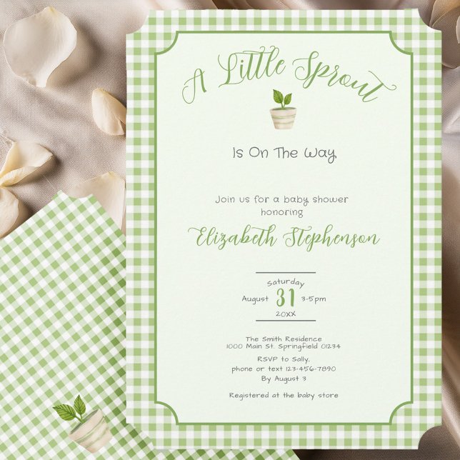 Invitation Sage Green Gingham Little Sprout Baby Shower (Créateur téléchargé)