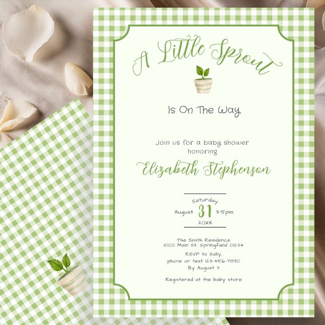 Invitation Sage Green Gingham Little Sprout Baby Shower (Créateur téléchargé)