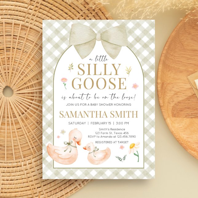 Invitation Sage Green Gingham Silly Goose Baby Shower (Silly Goose Baby Shower Invitation)