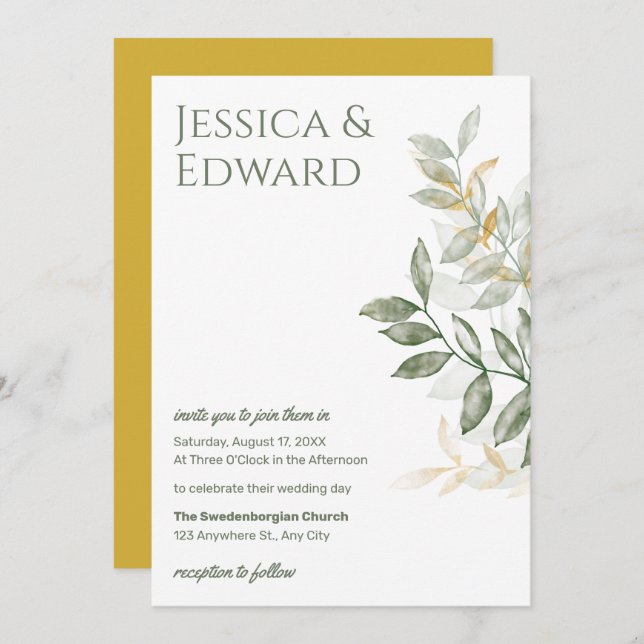 Invitation Sage Green Gold Aquarelle Botanique Mariage Chic (Devant / Derrière)