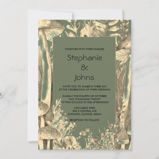 Invitation Sage Green Gold Artistique Champignons Mariage de  (Devant)