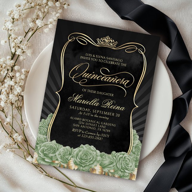 Invitation Sage Green Gold Black Quinceañera (Créateur téléchargé)