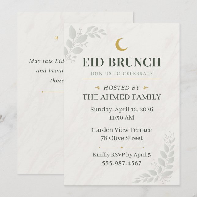 Invitation Sage Green & Gold Botanical Sage Eid Brunch Moon (Devant / Derrière)