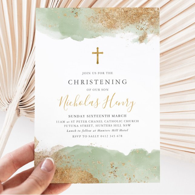 Invitation Sage Green Gold Cross Garçons Baptême Christening (Green and Gold Baptism Invitation)