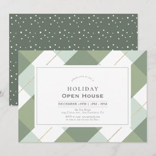 Invitation Sage Green & Gold En vichy Check Holiday Open Hous