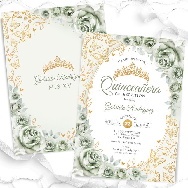 Invitation Sage Green Gold Floral Quinceanera (Créateur téléchargé)