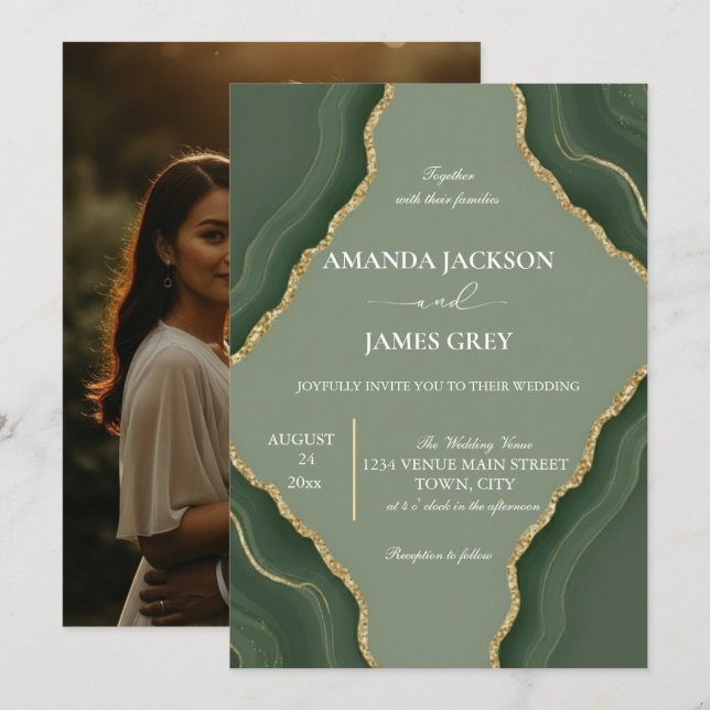 Invitation Sage Green Gold Geode Photo Back Wedding  (Devant / Derrière)