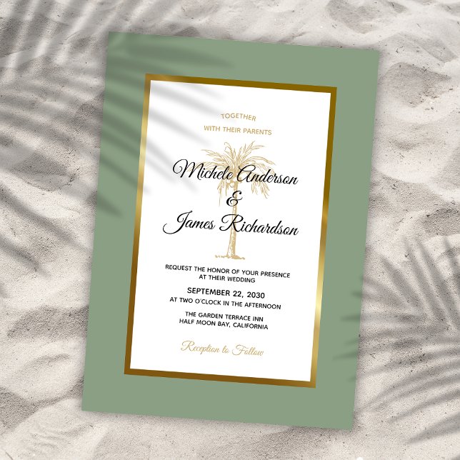 Invitation Sage Green Gold Palm Tree Plage tropicale Mariage (Sage Green Gold Palm Tree Tropical Beach Wedding Invitation)
