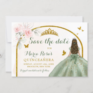 Invitation Sage Green Gold Princess Butterfly Quinceañera