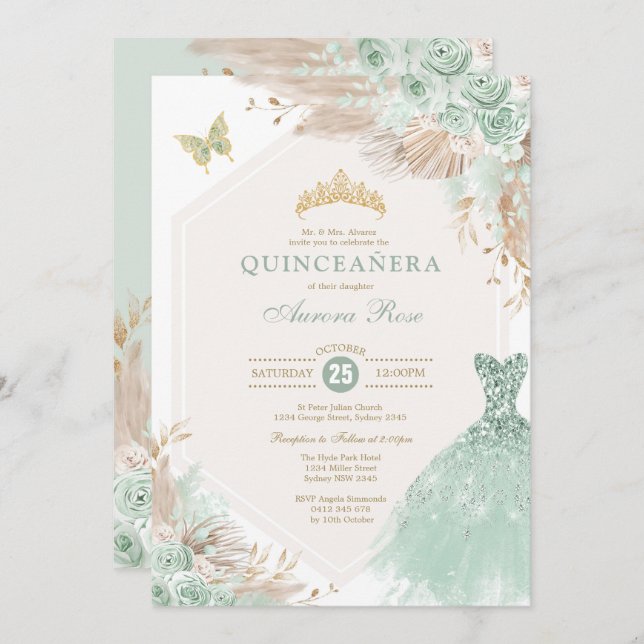 Invitation Sage Green Gold Quinceañera Boho Floral Anniversai (Devant / Derrière)