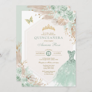 Invitation Sage Green Gold Quinceañera Boho Floral Anniversai