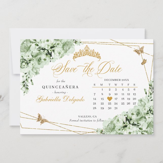 Invitation Sage Green & Gold Quinceañera Enregistrer La Date (Devant)