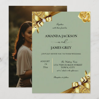Invitation Sage Green Gold String Lights Photo Wedding Invita