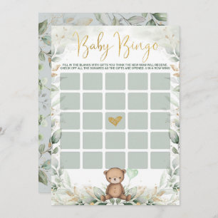 Invitation Sage Green Gold Teddy Bear Bingo Baby shower Jeu
