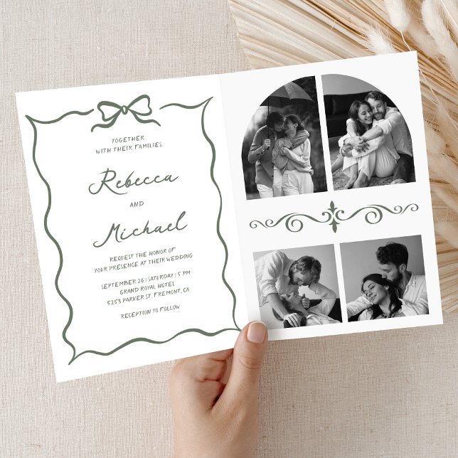 Invitation Sage Green Hand Drawn Bow QR Code Photo Wedding (Créateur téléchargé)