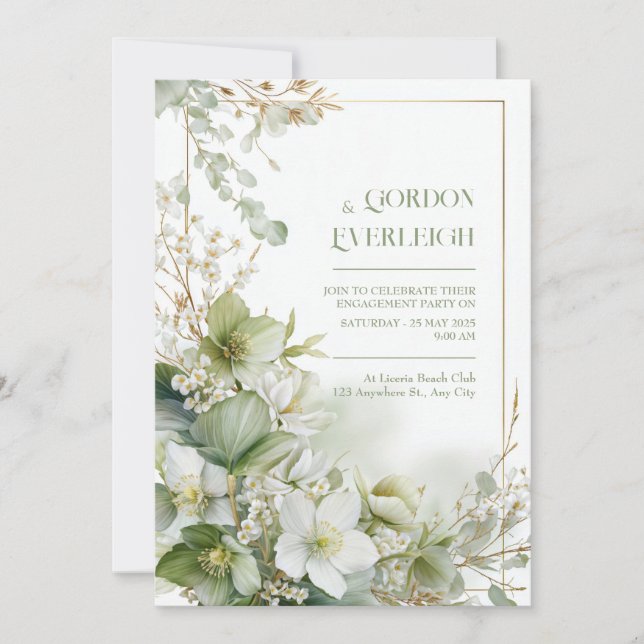 Invitation Sage Green Hellebore Botanical Gold Frame Wedding (Devant)