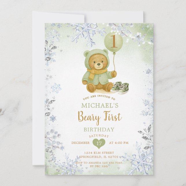 Invitation Sage Green Hiver Faux de neige Beary Premier anniv (Devant)