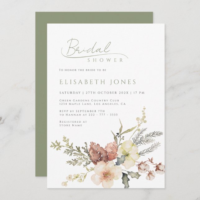 Invitation Sage Green hiver Noël Fête des mariées florale (Devant / Derrière)