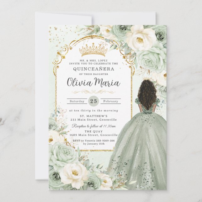 Invitation Sage Green ivoire Floral Brown fille Quinceañera (Devant)