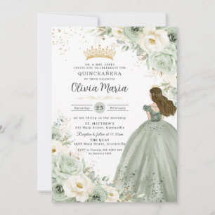 Invitation Sage Green ivoire Floral Princesse Quinceañera XV