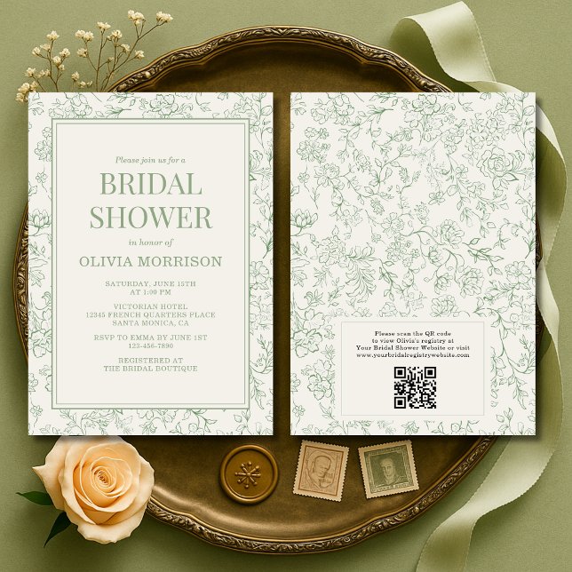 Invitation Sage Green Ivory French QR Code Bridal Shower (Créateur téléchargé)