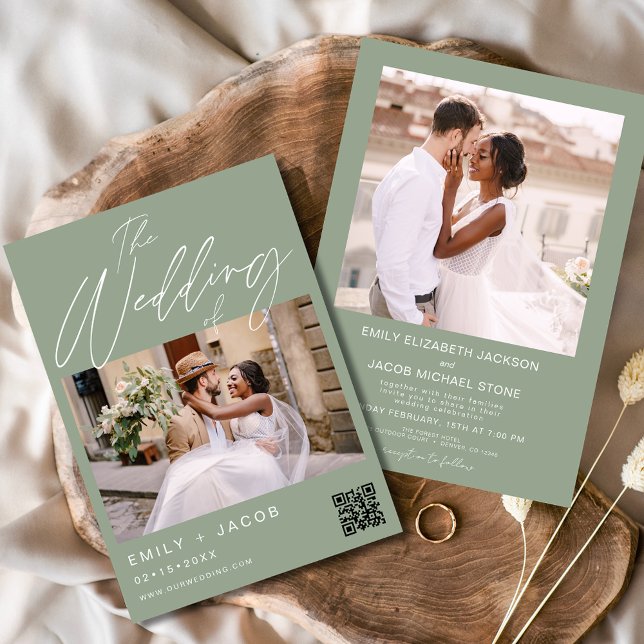 Invitation Sage Green Le Mariage de Two Photo QR code (Créateur téléchargé)