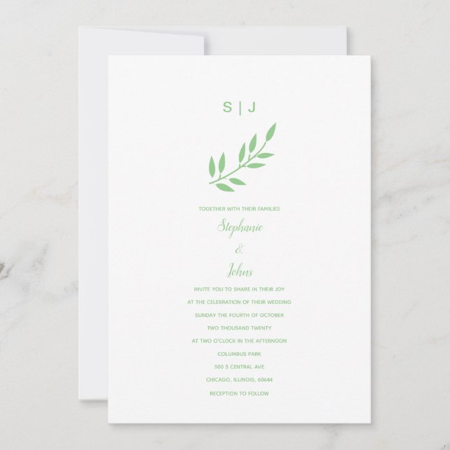 Invitation Sage Green Leaf Monogrammes Nom Mariage Boho perso (Devant)