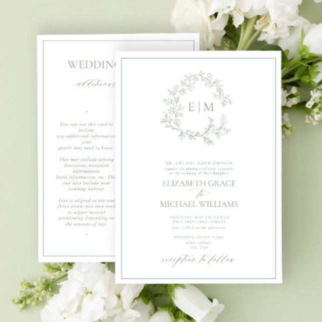 Invitation Sage Green Leafy Crest Monogramme Détails Mariage (Créateur téléchargé)