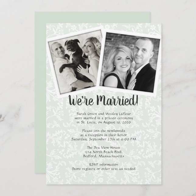 Invitation Sage Green Leaves Flowers Photo Reception Only (Devant / Derrière)