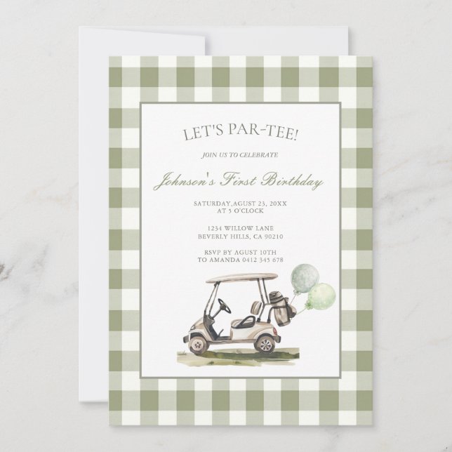 Invitation Sage Green Let's Par-Tee Golf 1st Birthday Party  (Devant)