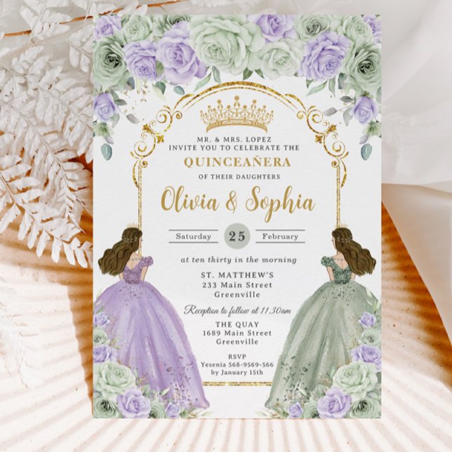 Invitation Sage Green Lilac Floral Twin Girls Quinceañera (Créateur téléchargé)