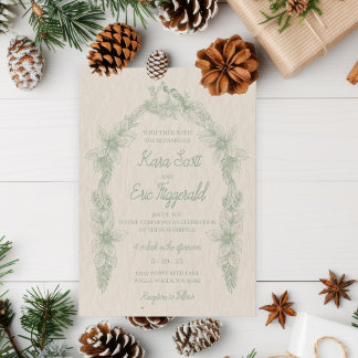 Invitation Sage Green Line Art Mariage à fleurs en bois